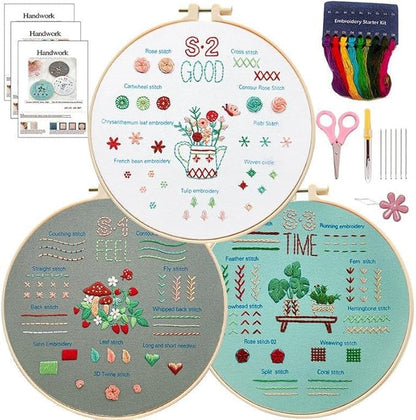Embroidery Kit for Adult Beginners, 3-Pack Practice Samplers, Pre-Stamped Patterns, 7.8-Inch Hoop, Threads & Needles, Step Guide and Video, DIY Needlework Craft Gift for Women (Grass Needlework)
