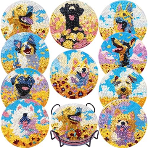 EWJRNSF 10 PCS Dog Diamond Art Coasters DIY Kit with Holder for Adults by EWJRNSFDiamondPainting