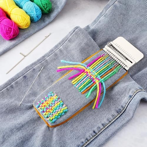 Luinabio Darning Small Loom Speedweve Style Machine Wood Knitting Looms Type Weave Tool 14 Hooks and 9 Yarn Knitting Needles Hand DIY Craft Weaving Repair Tool for Jeans(Rectangle,Classic Color) - Image 2