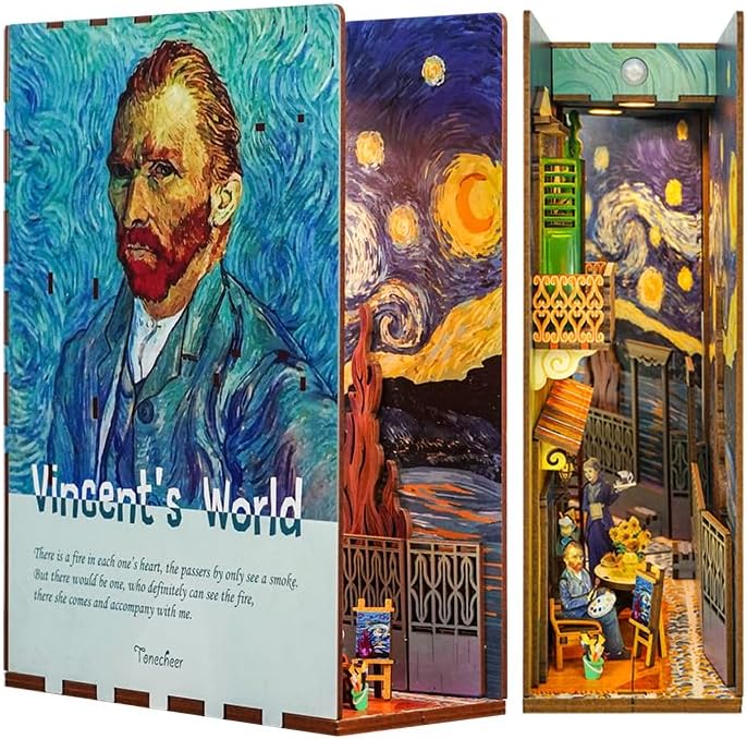 Tonecheer DIY Book Nook Kit for Adults,3D Wooden Puzzle Bookend Bookshelf Insert Library Decor, Booknook Miniature House Kit with Body Motion Sensor LED Light (Vincent's World) by Tonecheer