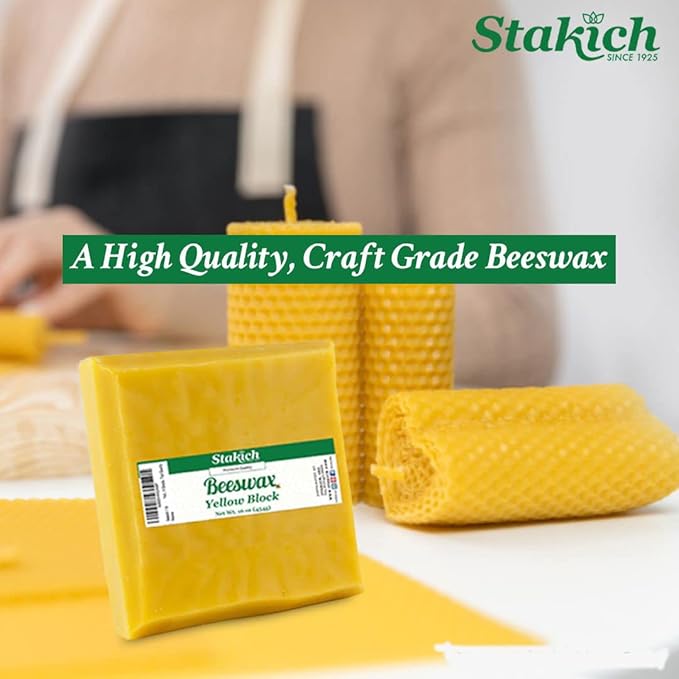 Stakich Yellow Beeswax Block - Natural, Triple Filtered - 1 Pound, Honey Scent