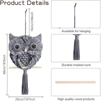 FREEBLOSS DIY Macrame Owl Kit Macrame Tapestry Wall Hanging 90m Cotton Cords Macrame Kit for Beginners with Video Tutorial Macrame Wall Art for Bedroom Decor, Gray