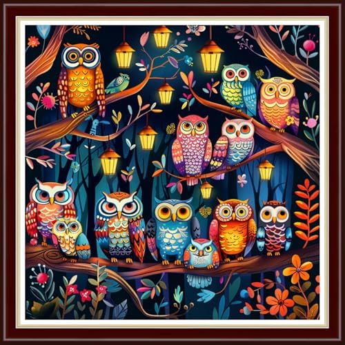 Joyhoor Cross Stitch Kits for Beginners Stamped Cross-Stitch Supplies Needlework preprint Embroidery Kits for Adults DIY Needlepoint Kit Embroidery Patterns 11CT-Colorful Night Owl 18x18 inch by JoyhoorCrossStitchKits