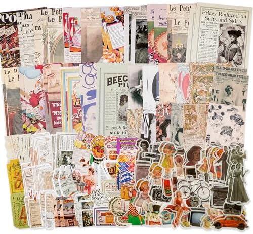 Knaid Vintage Scrapbook Supplies Pack (200 Pieces) for Junk Journal Bullet Journals Planners Aesthetic Paper Stickers Craft Kits Cottagecore Collage Album (Retro) by Knaid