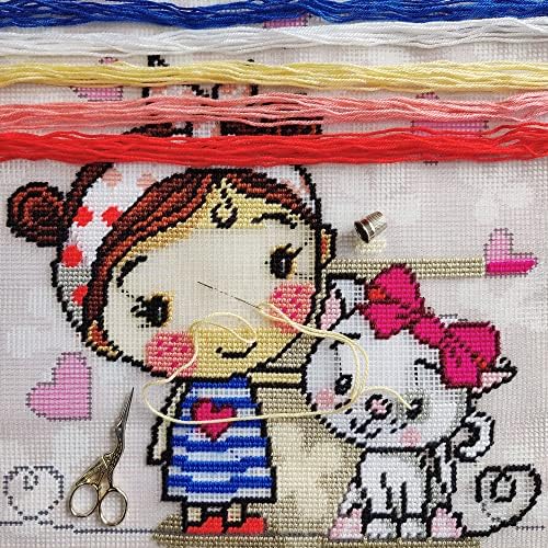 Brvsk Tender Needlepoint Kit for Adults and Beginners — A Girl and a Kitten 16″ × 16″ with Clear, Precise Printed Design on Cotton Canvas; Includes 2 Needles, Yarn, and Easy-Read Chart - Image 2