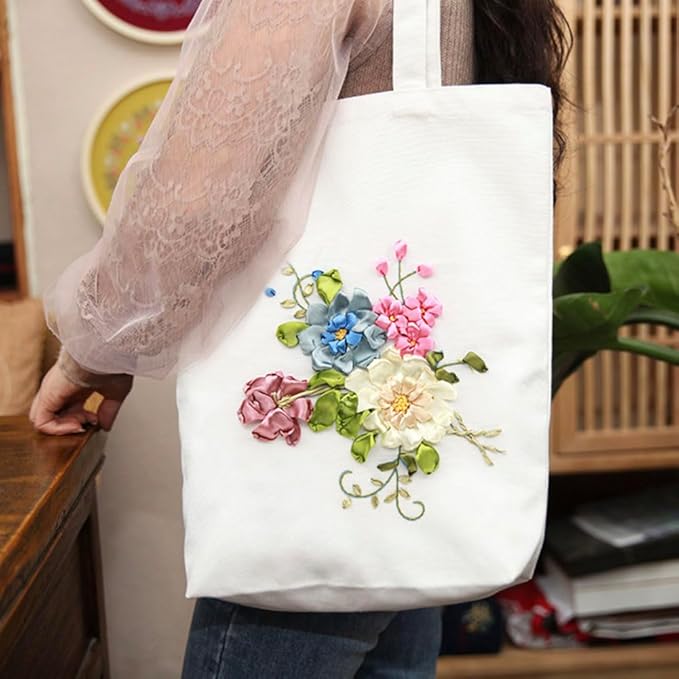 Canvas Tote Bag Silk Ribbon Embroidery Kit for Beginners, Arts DIY Crafts Starter kit, Include Stamped Bag Threads Hoop