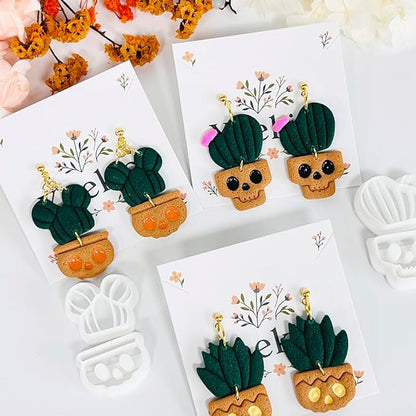 Xaekicr Halloween Cactus Polymer Clay Cutters – 6Pcs Skull Plant Clay Earring Cutters for DIY Halloween Jewelry – Cute Clay Tools for Polymer Clay Crafts