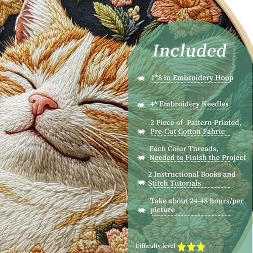 FONNUY 2 Set Embroidery Kit DIY for Adult Beginner, Pre-Stamped Patterns Mountain Sea Embroidery Kits with Hoop, Colored Threads and Needles, Easy to Follow Needlework (Cute Cats) - Image 2