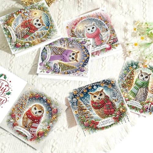 6Pcs Christmas Greeting Card DIY Diamond Art Painting Greeting Cards Blessing Folding Card Kit with White Envelopes Diamond Arts Crafts for Birthday Festival Gift-Owl - Image 5