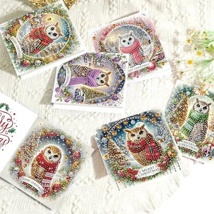 6Pcs Christmas Greeting Card DIY Diamond Art Painting Greeting Cards Blessing Folding Card Kit with White Envelopes Diamond Arts Crafts for Birthday Festival Gift-Owl - Image 5