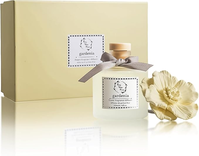 Pretty Valley Home Reed Diffuser Sets, 6.76 Fl. Oz / 200ML Ceramic Diffuser Flower Gift Box, Home Reed Diffuser for Bathroom Office Bathroom Living Room Decor (Gardenia Yellow)