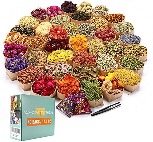 40 Bags Natural Dried Flowers Kit, Natural Dried Herbs with 2 Mesh Drawstring Bag for Soap,Candle,Resin Jewelry Making,Bath,Nail - Rose Petals,Rosebuds,Lilium,Jasmine,Don't Forget Me and More by SACATR