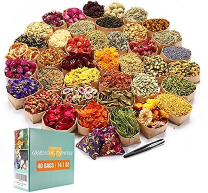 40 Bags Natural Dried Flowers Kit, Natural Dried Herbs with 2 Mesh Drawstring Bag for Soap,Candle,Resin Jewelry Making,Bath,Nail - Rose Petals,Rosebuds,Lilium,Jasmine,Don't Forget Me and More by SACATR