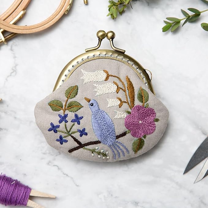 HEALLILY Embroidery Coin Purse Kit with Bird Design DIY Needlepoint Pouch Craft Kit Compact 3.93X3.34X1.37 Inch Fabric Embroidery Bag for Arts and Crafts Projects