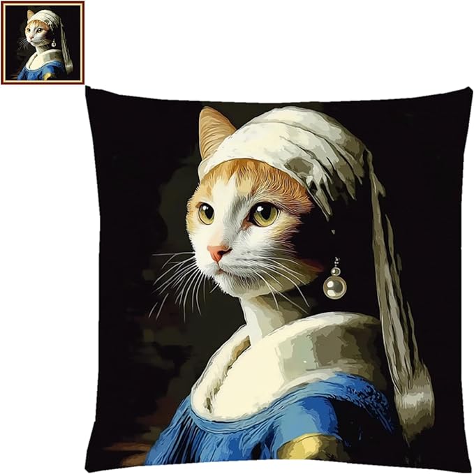 Lovxvouy Pillow Cross Stitch Kits for Adults Beginners-Preprinted Needlepoint Kit Stamped Crossstitching Kits 11CT Cross-Stitch Kit Stitches Kit Embroidery Kits-A cat with pearl earrings 18x18 inchs