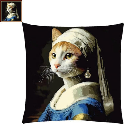 Lovxvouy Pillow Cross Stitch Kits for Adults Beginners-Preprinted Needlepoint Kit Stamped Crossstitching Kits 11CT Cross-Stitch Kit Stitches Kit Embroidery Kits-A cat with pearl earrings 18x18 inchs
