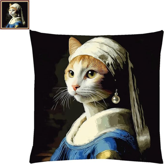 Lovxvouy Pillow Cross Stitch Kits for Adults Beginners-Preprinted Needlepoint Kit Stamped Crossstitching Kits 11CT Cross-Stitch Kit Stitches Kit Embroidery Kits-A cat with pearl earrings 18x18 inchs
