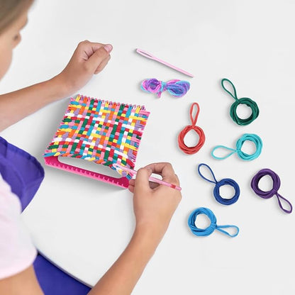 Varku Weaving Loom Kit, 97 Pcs DIY Craft Kit for Little Ones, Includes 96 Elastic Cords in 8 Colors, Potholder Making Kit with Crochet Hook, Arts and Crafts Toys, 7.4 x 7.4 in