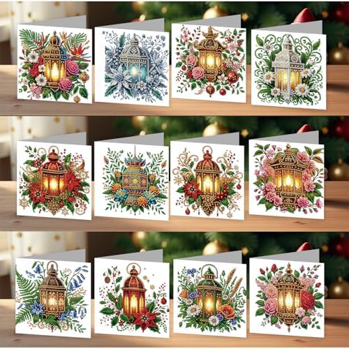 jinglinhh 12pcs Christmas Poinsettia Night Light Diamond Art Painting Greeting Cards with Envelopes, DIY Card Making Kits for Adults, Diamond Art Christmas Cards for Holiday Postcards Craft Gifts - Image 2