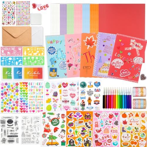 Ohanniewa 30 Pack Card Making Kit – Blank Greeting Cards & Envelopes, Stamp Set, 12 Colored Pens, Stencil Cards, Festival Stickers – DIY Craft Set for Birthdays, Christmas, Thank You & All Occasions by Ohanniewa