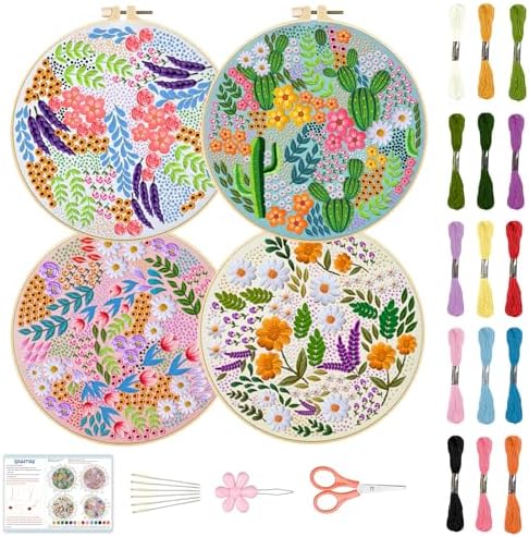BEUNITONE 4 Set Covered Flower Embroidery Kit for Beginners 7.9"x7.9" by BEUNITONE