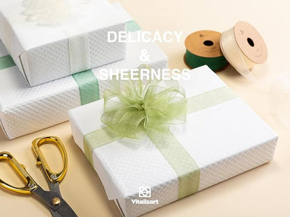 Vitalizart Green & Cream Ribbon Organza Sheer Ribbon 1 inch x 30 Yd Handmade Fabric Ribbons for Gift Wrapping Christmas Tree Crafts Bows Wedding Invitations Wreaths Wrap Sage Emerald