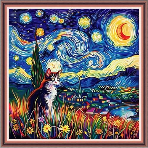 Dooxvey Cross Stitch Kits for Adults Beginners,Full Range of Cross-Stitch Stamped Kits Needlepoint Kits for Beginners Embroidery Kits 11CT Cross Stitch Patterns-Cat Van Gogh's Starry Night. 18x18 inch by DooxveyStampedEmbroideryKit