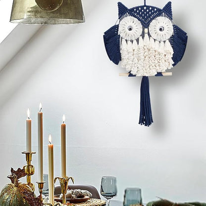FREEBLOSS DIY Macrame Owl Kit with Video Tutorial Macrame Wall Hanging Ornament Boho Wall Hanging Decor Navy Blue&White Macrame Tapestry Gift Macrame Kit for Beginners