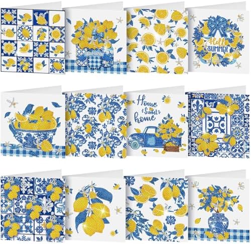 Saillong 12 Pack Lemon Diamond Painting Greeting Cards Kits Summer Capri Italy Lemon Diamond Art Cards with Envelopes Blue Yellow 5D Rhinestones Painting Making Kit for Adult DIY Craft Summer Gifts by Saillong