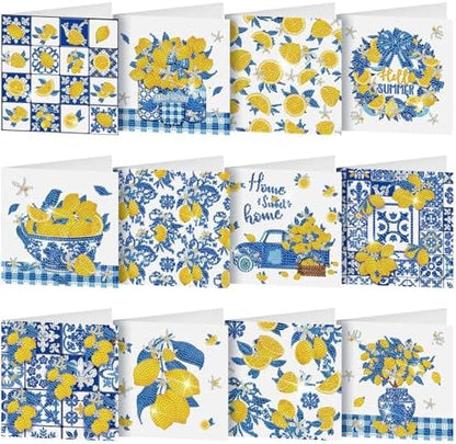 Saillong 12 Pack Lemon Diamond Painting Greeting Cards Kits Summer Capri Italy Lemon Diamond Art Cards with Envelopes Blue Yellow 5D Rhinestones Painting Making Kit for Adult DIY Craft Summer Gifts by Saillong