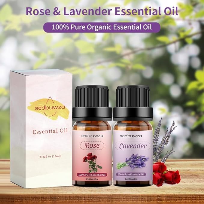 Sedbuwza Rose Lavender Essential Oil Set, Rose Fragrance Oil Lavender Scent Oil Set for Diffuser, Aromatherapy, Massage, Soap, Candle Making 2 x 10 ml