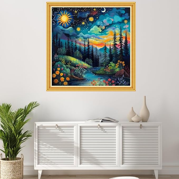 Joyhoor Stamped Cross Stitch Kits for Beginners Needlepoint Kits for Adults Embroidery Kits 11CT Counted Cross Stitch Kits Printed Embroidery Pattern-Forest Night View 18x18 inch