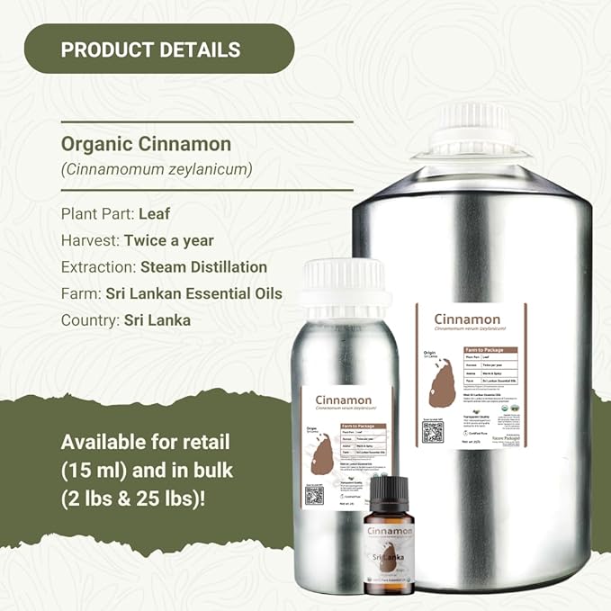 Nature Packaged Organic Cinnamon Essential Oil - Direct from Sri Lankan Essential Oils - 100% Pure - Natural Aceite de Canela for Aromatherapy & Wellness - Premium Grade (15ml)