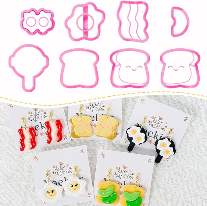 Xaekicr 8Pcs Breakfast Theme Polymer Clay Cutters Set – Toast, Bacon, Egg Shapes | Fun Clay Earring Cutters | Polymer Clay Molds for Jewelry Making | Clay Tools for DIY Crafts