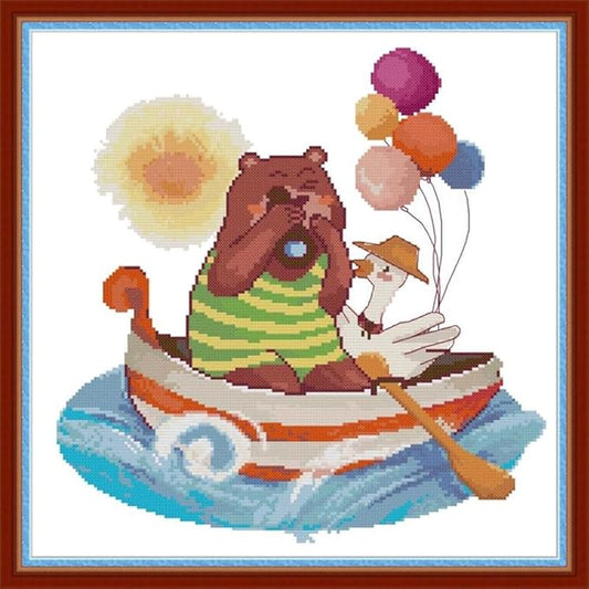 JOYSEWING Bear Animal Stamped Kits Counted Cross Stitch for Adults 11CT Easy DIY Gift Cartoon Craft kit Embroidery Kits for Beginners Home Decora Printed Pattern (Travel Bear (Printed) 18.9×18.5 inch