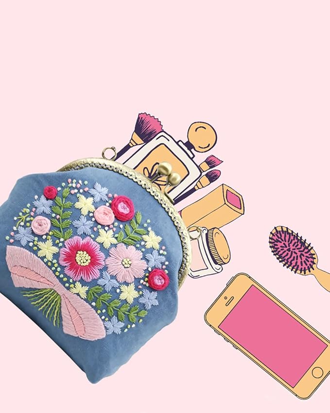 Handmade DIY Embroidered Purse for Women Girls Beginners Embroidery Coin Purse Kits Pink Fruits