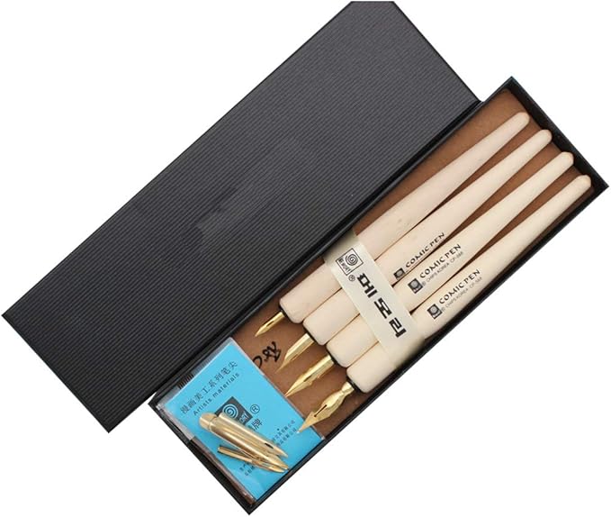 SIPLIV Wooden Professional Manga Pen Dip Pen Set with 4 Nibs Manga Cartoon Comic Drawing Painting Kit - 4 Pcs