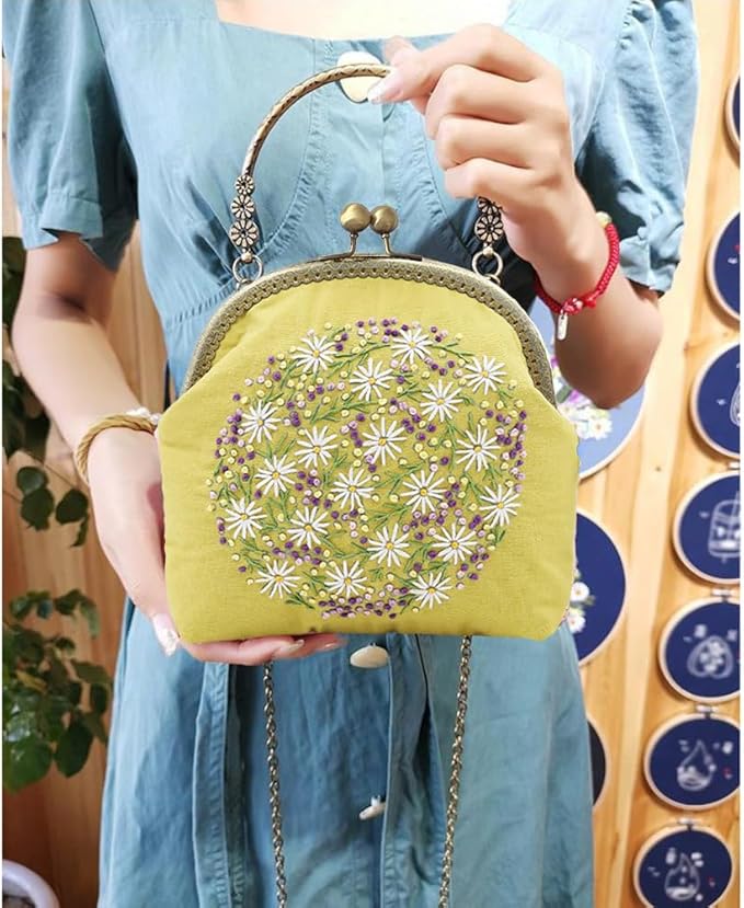 Flower Embroidery Kit Tote Bag, Embroidery Coin Purse Kits Handbag Hand Embroidery Kit for Adults Beginner with Embroidery Patterns, Embroidery Hoop,DIY Sewing Kit