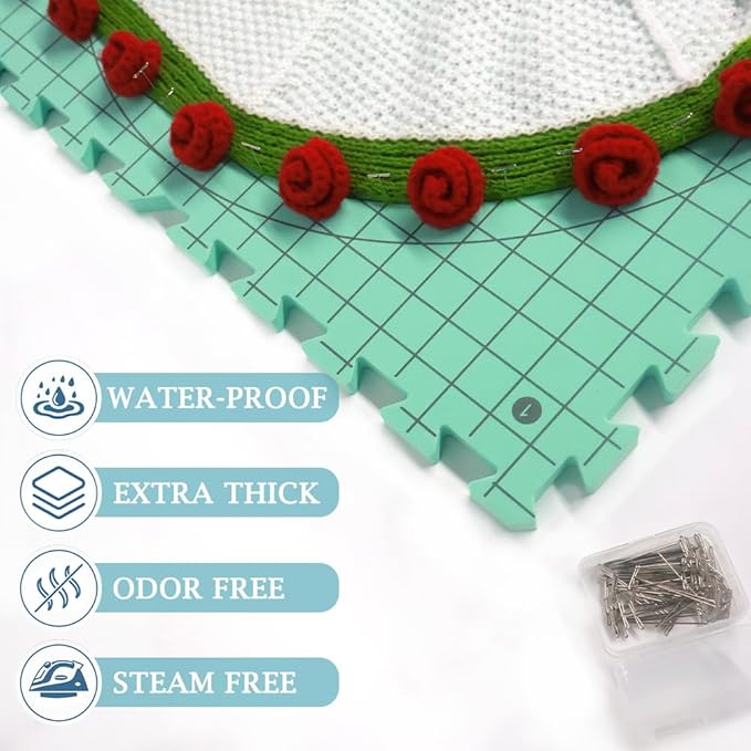 Yarniss Blocking Mats for Knitting & Crochet Project, Extra Thick Knitting Blocking Mat with Grid Lines，Knitting Mats with T-Pins,Blue