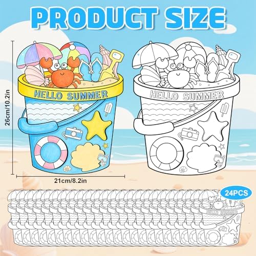 Sereliy 24 Pcs Summer Coloring Wreath Crafts, Color Your Own Bucket Crafts, DIY Paper Wreath for Summer Home Activities Games. (Bucket) - Image 2