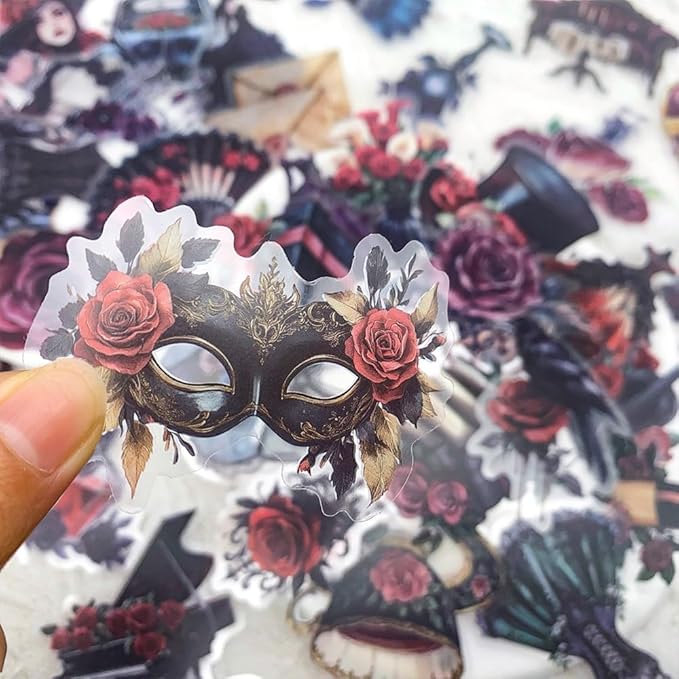 50 Pcs Gothic Masquerade Scrapbook Stickers – Vintage Clear Aesthetic Stickers with Victorian Dresses, Masks, Roses, Corsets, Dark Romance Ephemera for Journaling, Crafts, Laptop, Gift Decoration