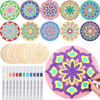 Vercraft 22 Pcs Wooden Mandala Painting Set 10 Cutouts 12 Markers, Stylish by Vercraft