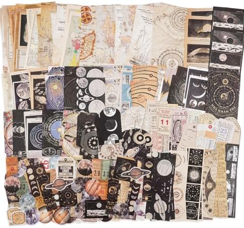 Knaid Vintage Scrapbook Supplies Pack (200 Pieces) for Witchy Junk Journal Bullet Journals Planners Space Moon Paper Stickers Craft Kits Collage (Celestial) by Knaid