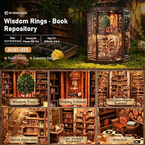 Cylinder 2-Story Book Nook Kit with Spiral Staircase, Open-Front Miniature Library, Wooden DIY Bookshelf Insert for Creative Adults & Home Décor - Image 3