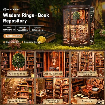 Cylinder 2-Story Book Nook Kit with Spiral Staircase, Open-Front Miniature Library, Wooden DIY Bookshelf Insert for Creative Adults & Home Décor - Image 3