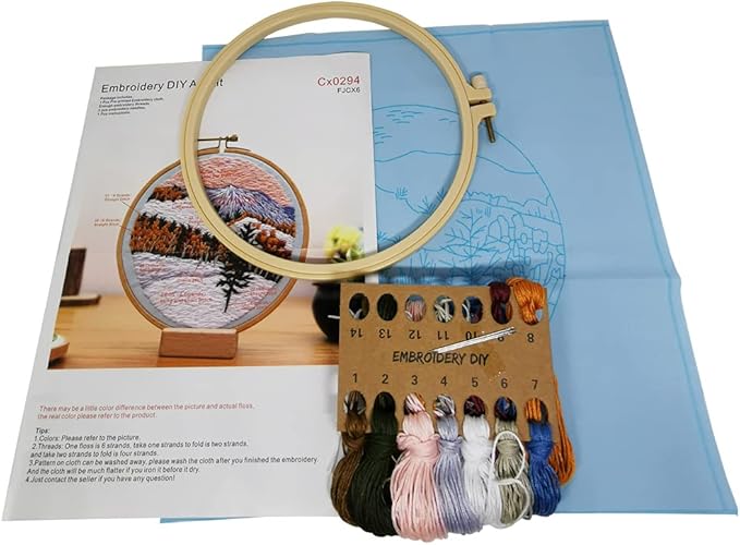 SUQUUB 3 Sets Embroidery Starter Kit with Pattern and Instructions,Cross Stitch Beginner Kits with Frame,3 Plastic Embroidery Hoops,3 Embroidery Clothes and Color Threads (3X Landscape Pattern)