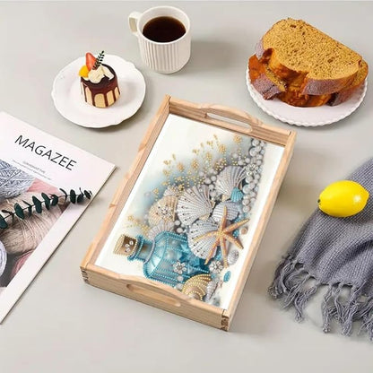 DoxQcs DIY Diamond Art Wooden Food Tray with Handle Diamond Painted Table Decoration Tray for Breakfast Bar Dinner Table Diamonds Art Painting for Beginners-Shell