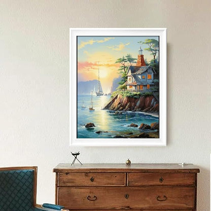 Leczany Cross Stitch Stamped Kit for Adults - Beach House | DIY Embroidery Starter Patterns Craft Kit Needlepoint for Beginner | 11CT, 3 Strands | 13.4x16.9 inches