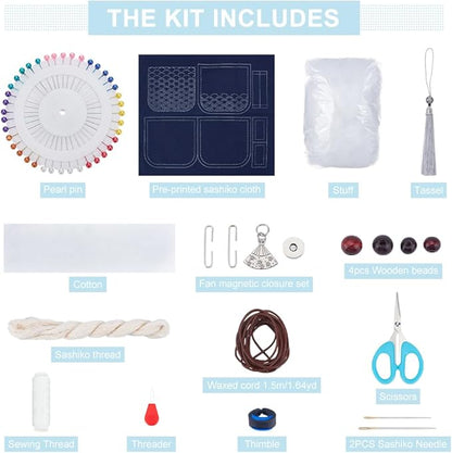 ORIGACH Sashiko Coin Purse Kit for Beginners Adults Handmade Japanese Wave Pattern Sashiko Fabric Embroidery Bag Kit with Instruction DIY Sewing Bag Gifts