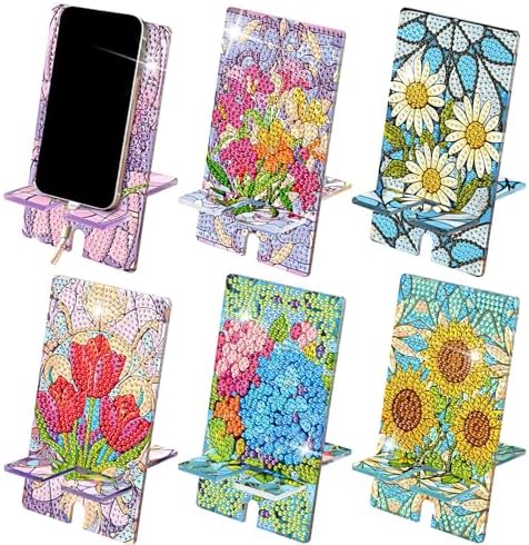 Saillong 6 Pcs Diamond Art Phone Stands Vivid Flowers Full Drill Kits by Saillong